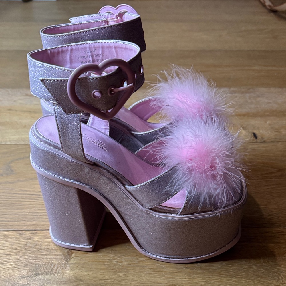 Dolls Kill Pink Fluffy Heart Platform Sandals - Picture 4 of 4